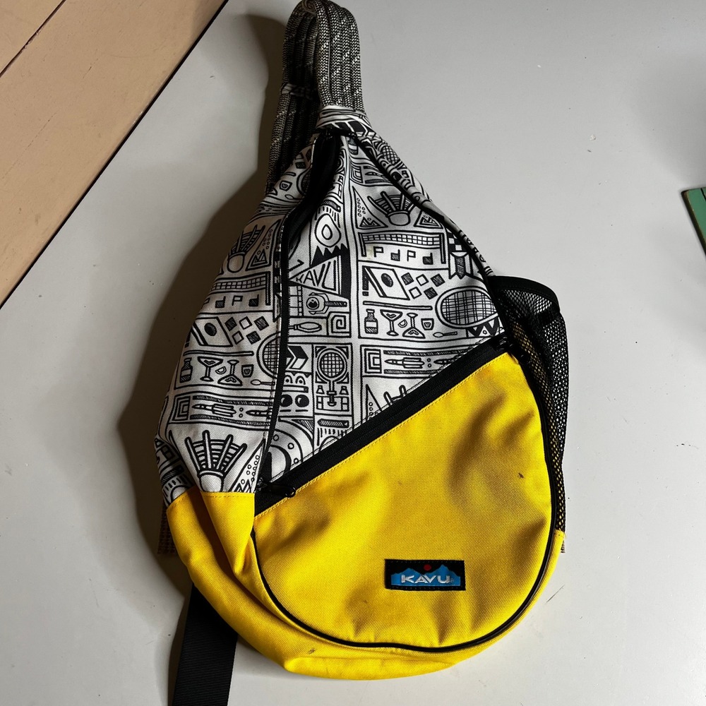 KAVU Rope Bag Sling Backpack Yellow Graphic Print Canvas Crossbody